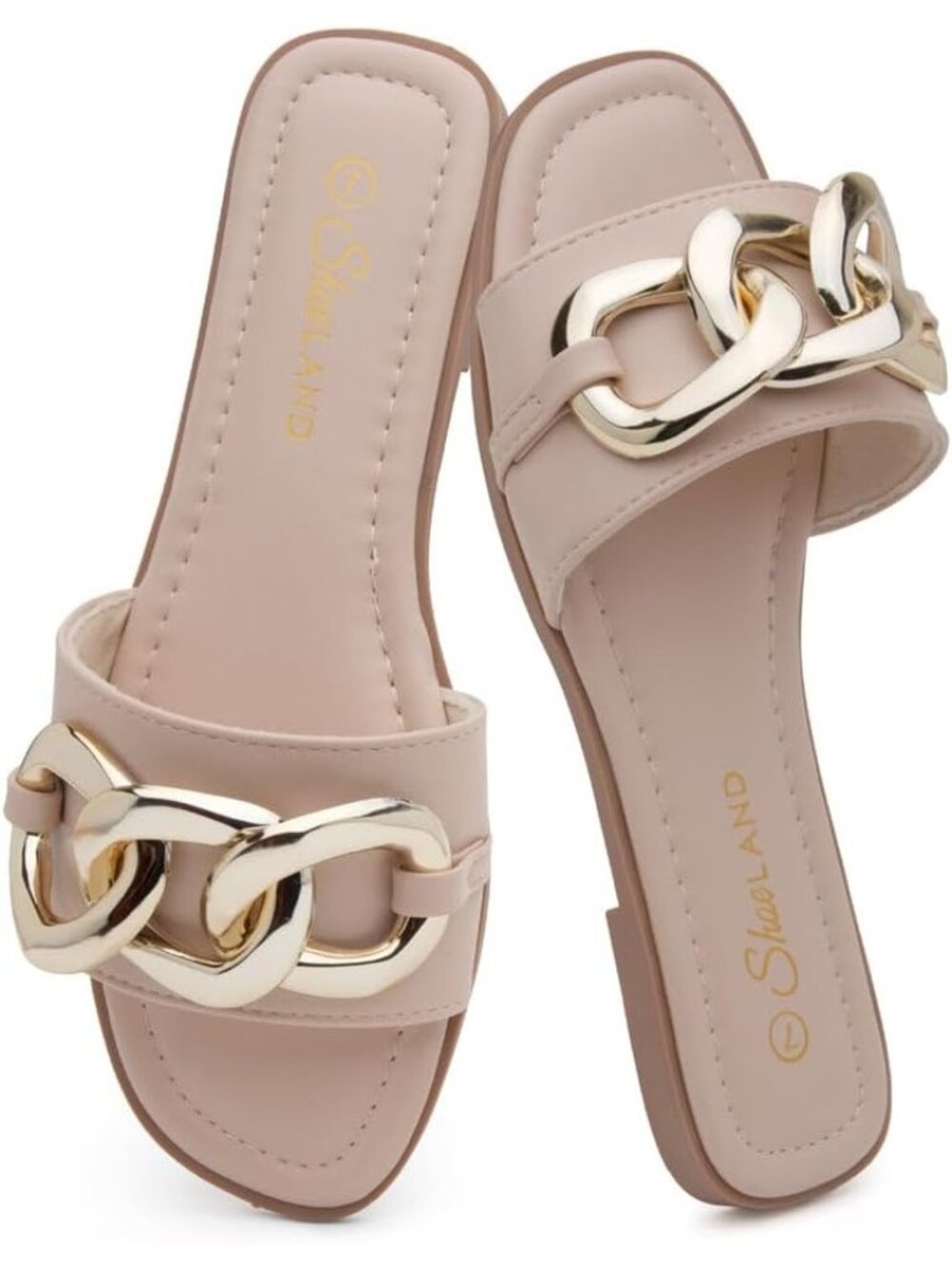 Women's Beige Dressy Slides with Metal Chain Square Open Toe Sandal Summer Flat